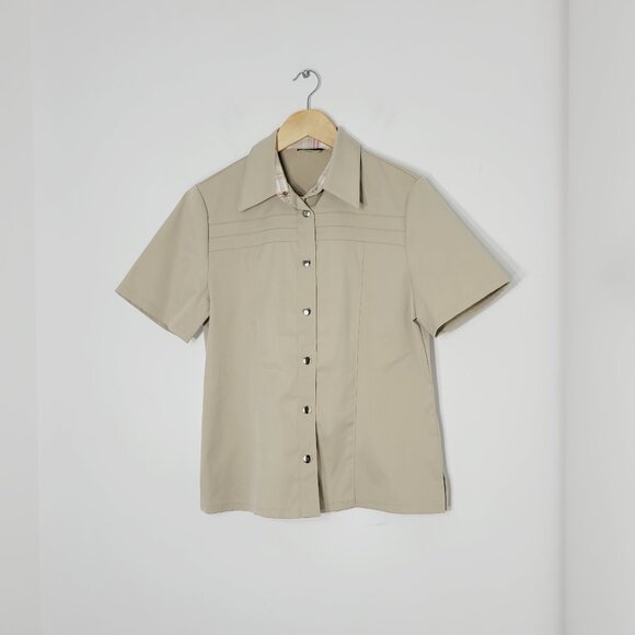 Tan Women's Short Sleeve Collared Snap Down Work Shirt Casual Activewear - Picture 1 of 9